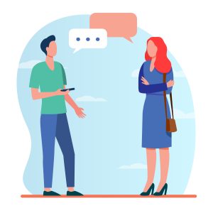 Man with smartphone and woman talking outside. Conversation, speech bubble, asking destination flat vector illustration. Communication concept for banner, website design or landing web page